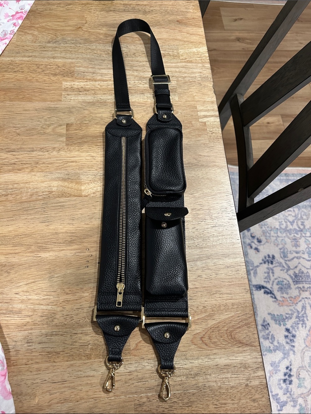 Bandolier Black Leather Multi-Pouch Crossbody Phone Strap with Gold Hardware
